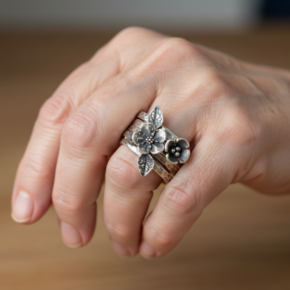 Vintage Blumen Silber Schicht Ring