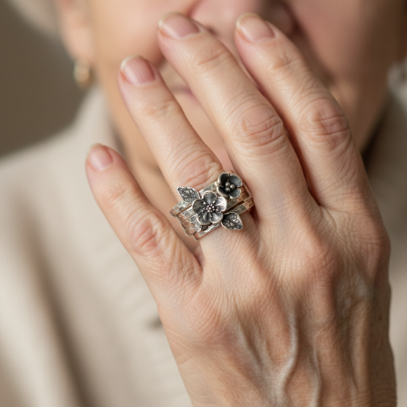 Vintage Blumen Silber Schicht Ring