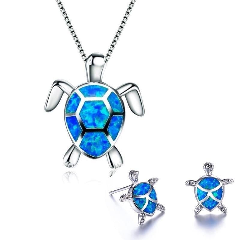 Meeresschildkröte Halskette + Ohrringe Set in Opal und Silber